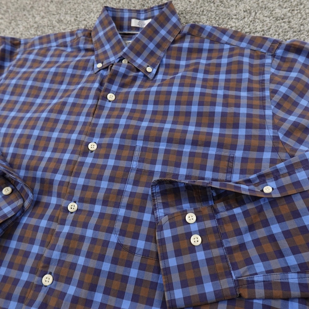 Peter Millar Shirt Mens M Blue Brown Plaid Button Down Long Sleeve Preppy Casual
